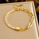 304 Stainless Steel Figaro Chain Bracelets, Rectangle Rhinestone Cup Chains for Women, Golden, 7.13 inch(18.1cm)(BJEW-B171-07G)