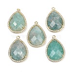 Natural Amazonite Faceted Pendants, Rack Plating Brass Micro Pave Clear Cubic Zirconia Teardrop Charms, Golden, 26.5x19.5x7mm, Hole: 1.6mm(G-K347-12G-04)