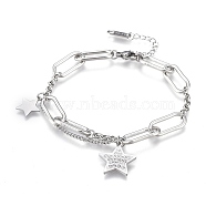 304 Stainless Steel Charm Bracelets, Chain Bracelets, with Polymer Clay Rhinestone and Lobster Claw Clasps, Star, Stainless Steel Color, 6-3/4 inch(17cm)(BJEW-K219-03P)