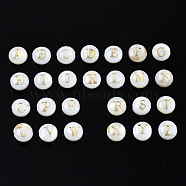 Natural Freshwater Shell Beads, with Golden Plated Brass Etched Metal Embellishments, Horizontal Hole, Flat Round with Letter, Seashell Color, Letter A~Z, 6x4mm, Hole: 0.8mm, about 26pcs/set(SHEL-S278-036)