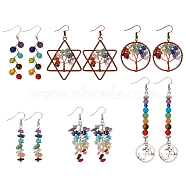 6 Pairs 6 Style Natural Mixed Gemstone Tree of Life Dangle Earrings, Brass Wire Wrap Jewelry for Women, Mixed Color, 50~96mm, Pin: 0.6mm, 1 pair/style(EJEW-AN0003-18)