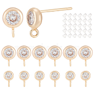 BENECREAT 12Pcs 2 Size Brass Micro Pave Cubic Zirconia Flat Round Stud Earring Finding, with Vertical Loops & 30Pcs Plastic Ear Nuts, Light Gold, 7~9x4~6mm, Hole: 1.2~1.4mm, Pin: 0.6mm, 6Pcs/size(KK-BC0011-51)