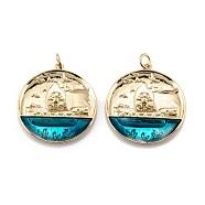 Brass Enamel Pendants, with Jump Rings, Long-Lasting Plated, Flat Round with Boat, Dark Cyan, Real 18K Gold Plated, 27.5x25x2.5mm, Hole: 3.5mm(KK-A155-12G)