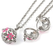 Brass Enamel with Rhinestone Pendant Necklaces, Iron Rolo Chains, Round with Flower Pattern, Platinum, Deep Pink, 32.76 inch(832mm)(NJEW-G089-09C-05)