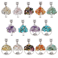 28Pcs 14 Styles Mixed Gemstone Chip European Dangle Charms, Large Hole Pendants, Flat Round & Tree, with Antique Silver Tone Alloy Findings, 37~39mm, Hole: 4.5mm, 2pcs/style(PALLOY-AB00058)