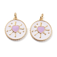 Real 18K Gold Plated Brass Enamel Pendants, Long-Lasting Plated, With Jump Rings, Flat Round with Heart, Lilac, 18x16x1.5mm, Hole: 3mm, Jump Ring: 5x1mm(ZIRC-Z008-11B)