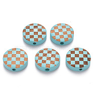 Painted Natural Wood Beads, Laser Engraved Pattern, Flat Round with Grid Pattern, Medium Turquoise, 15x5mm, Hole: 1.8mm(WOOD-N006-04B)