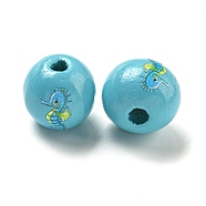 Natural Wood European Beads, Ocean Theme Printed lotus Beads, Large Hole Beads, Sky Blue, Sea Horse, 16x15mm, Hole: 4mm(WOOD-S059-01M)