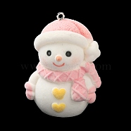 Flocky Resin Big Pendants, Snowman Charms with Platinum Plated Iron Loops, Pink, 50x37x27mm, Hole: 2mm(RESI-Z003-02B)