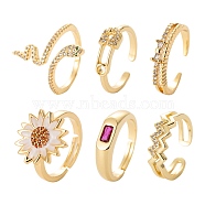 6Pcs 6 Styles Brass Micro Pave Cubic Zirconia Cuff Rings, Open Rings, Long-Lasting Plated, Wave & Snake & Safety Pin Shape & Daisy Flower, Real 16K Gold Plated, Inner Diameter: 16~17.1mm, 1pc/style(RJEW-LS0001-39G)