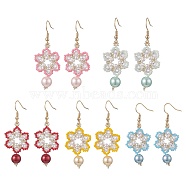 Glass Seed & Shell Pearl & Acrylic Braided Flower Dangle Earrings, Golden 304 Stainless Steel Long Drop Earrings for Women, Mixed Color, 52mm, Pin: 0.7mm(EJEW-MZ00071)