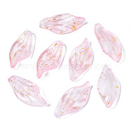 Frosted Transparent Spray Painted Glass Pendants, with Glitter Powder, Leaf, Pink, 30x14x3.5mm, Hole: 1mm(GGLA-S054-016G-02)