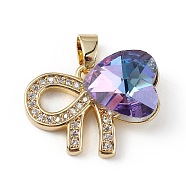 Real 18K Gold Plated Rack Plating Brass Micro Pave Clear Cubic Zirconia Pendants, with Glass, Long-Lasting Plated, Cadmium Free & Lead Free, Bowknot with Heart, Medium Purple, 17x22x8mm, Hole: 6x3mm(KK-C015-26G-14)