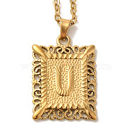 201 Stainless Steel Cable Chain Rectangle with Letter Pendant Necklaces, Golden, Letter U, 19.96 inch(50.7cm)(NJEW-M070-01G-U)