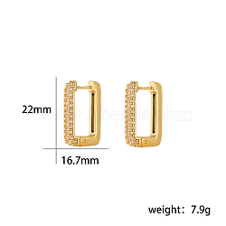 Fashionable Stainless Steel Hoop Earrings, with Clear Cubic Zirconia, Real 18K Gold Plated, Rectangle, 16.7x22mm(FX3254-1)