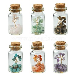 Transparent Glass Wishing Bottle Decoration, Wicca Gem Stones Balancing, with Tree of Life Synthetic & Natural Mixed Gemstone Beads Drift Chips inside, 22x45mm, 6pcs/set(AJEW-JD00011)