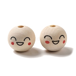 Wood European Beads, Round with Face, Blanched Almond, 19~20x18mm, Hole: 5mm, about 204pcs/500g(WOOD-C006-04A)