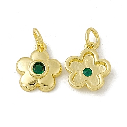 Rack Plating Brass Cubic Zirconia Charms, with Jump Ring, Real 18K Gold Plated, Long-Lasting Plated, Cadmium Free & Nickel Free & Lead Free, 5-Petal Flower Charm, Green, 12x10.5x2.5mm, Jump Ring: 5x0.9mm, Inner Diameter: 3.2mm(KK-C007-23G-04)