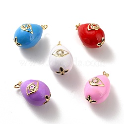 Rack Plating Brass Micro Pave Cubic Zirconia Pendants, with Enamel, Cadmium Free & Lead Free & Nickle Free, Egg with Eye, Mixed Color, 22x14.5~15.5mm, Jump Ring: 5x0.6mm, Inner Diameter: 3.5mm(KK-M230-15G)