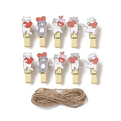 Cat with Heart Theme Wooden & Iron Clothes Pins, with Hemp Rope for Hanging Note, Photo, Clothes, Office School Supplies, Mixed Color, Clip: 38.5~41x15.5~22x11~12.5mm, 10pcs, Rope: 1400~1450x1.5mm, 1 bundle(AJEW-H137-03)