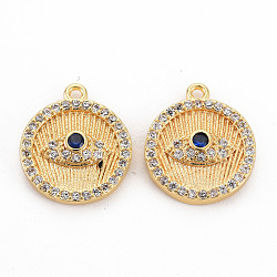 Brass Cubic Zirconia Charms, Nickel Free, Flat Round with Eye, Real 18K Gold Plated, 15x13x3mm, Hole: 1mm(KK-N233-091-NF)