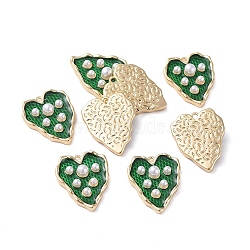 Brass Enamel Pendants, with Acrylic Pearl, Heart, Real 18K Gold Plated, Green, 16.8x13.5x4mm, Hole: 1.2mm(KK-I661-10G-B)