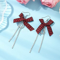 Polyester Dangle Earrings, with Iron Earring Hooks and Brass Rhinestone Cup Chain, Red, 90x35mm(EJEW-JE06222)