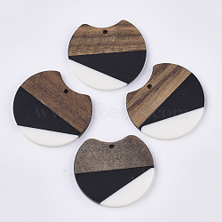 Two Tone Resin & Walnut Wood Pendants, Gap Flat Round, Black, 33~34x37x3~4mm, Hole: 1.8~2mm(RESI-Q210-011A-B01)