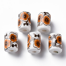 Handmade Porcelain Beads, Famille Rose Style, Column with Flower Pattern, Chocolate, 12.5x8.5mm, Hole: 3mm(PORC-T007-11)