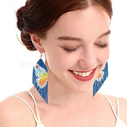 Brass Chandelier Earrings, Glass Seed Beaded Tassel Earrings, Medium Blue, 120x37mm(EJEW-D105-01E)
