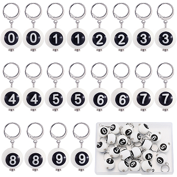 Round with Black Number Silicone Pendant Decorations, with 304 Stainless Steel Leverback Earring Findings, White, 33mm, 10 style, 2pcs/style, 20pcs/box