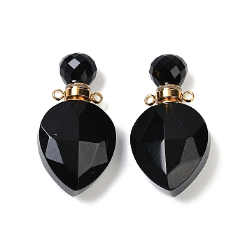 Natural Obsidian Faceted Teardrop Bottle Pendants, Openable Perfume Bottle Charms, with Golden Tone 304 Stainless Steel Findings, 36.5x19x11mm, Hole: 1.8mm