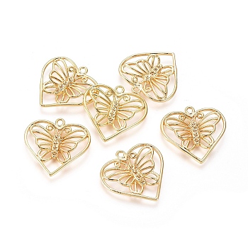 Brass Pendant Rhinestone Settings, Heart with Butterfly, Real 18K Gold Plated, 25.5x25.5x2.5mm, Hole: 2mm, Fit For 1.2mm Rhinestone