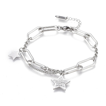 304 Stainless Steel Charm Bracelets, Chain Bracelets, with Polymer Clay Rhinestone and Lobster Claw Clasps, Star, Stainless Steel Color, 6-3/4 inch(17cm)