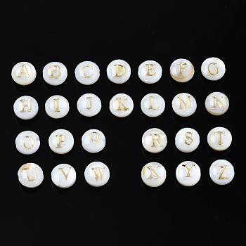 Natural Freshwater Shell Beads, with Golden Plated Brass Etched Metal Embellishments, Horizontal Hole, Flat Round with Letter, Seashell Color, Letter A~Z, 6x4mm, Hole: 0.8mm, about 26pcs/set