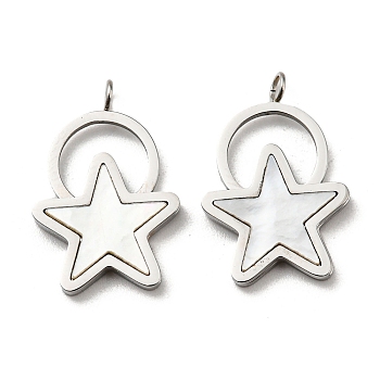 304 Stainless Steel Shell Pendants, Star Charms, Stainless Steel Color, 19.5x13x2mm, Hole: 1.8mm