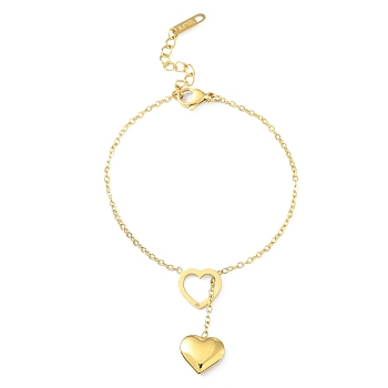 Ion Plating(IP) 304 Stainless Steel Heart Shape Pendants Bracelets for Women, Lariat Bracelets, Golden, 6-5/8 inch(16.8cm)