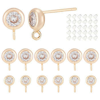 BENECREAT 12Pcs 2 Size Brass Micro Pave Cubic Zirconia Flat Round Stud Earring Finding, with Vertical Loops & 30Pcs Plastic Ear Nuts, Light Gold, 7~9x4~6mm, Hole: 1.2~1.4mm, Pin: 0.6mm, 6Pcs/size
