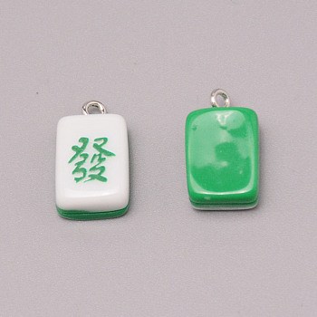 Resin Pendants, with Iron Finding, Imitation Mahjong Tiles, Green, Rectangle, Green Dragon, 19.5~20.5x11.5x7~7.5mm, Hole: 2mm