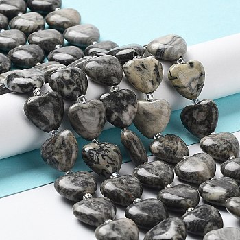 Natural Map Stone Beads Strands, with Seed Beads, Heart, 14~15x15x6~6.5mm, Hole: 1.4mm, about 23~24pcs/strand, 14.57''(37cm)