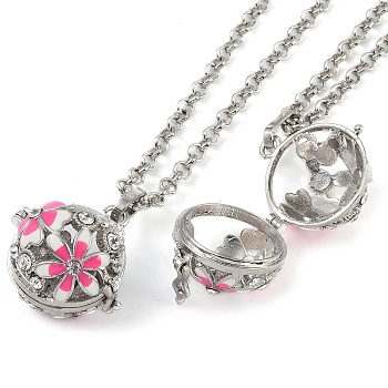 Brass Enamel with Rhinestone Pendant Necklaces, Iron Rolo Chains, Round with Flower Pattern, Platinum, Deep Pink, 32.76 inch(832mm)