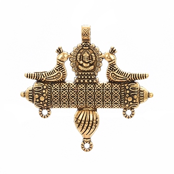 Tibetan Style Alloy Chandelier Component Links, Hindu Elephant God Lord Ganesh Statue & Bird, Antique Golden, 57.5x59.5x5mm, Hole: 4mm and 2mm