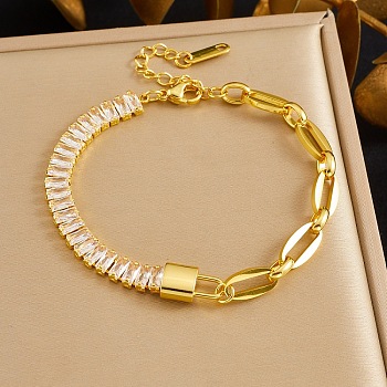 304 Stainless Steel Figaro Chain Bracelets, Rectangle Rhinestone Cup Chains for Women, Golden, 7.13 inch(18.1cm)