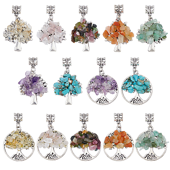 28Pcs 14 Styles Mixed Gemstone Chip European Dangle Charms, Large Hole Pendants, Flat Round & Tree, with Antique Silver Tone Alloy Findings, 37~39mm, Hole: 4.5mm, 2pcs/style