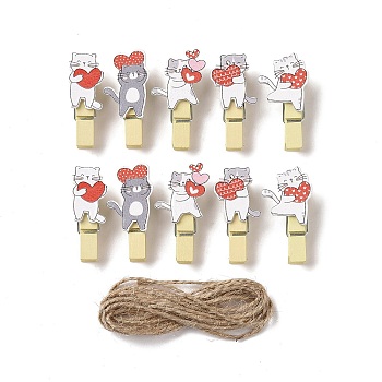 Cat with Heart Theme Wooden & Iron Clothes Pins, with Hemp Rope for Hanging Note, Photo, Clothes, Office School Supplies, Mixed Color, Clip: 38.5~41x15.5~22x11~12.5mm, 10pcs, Rope: 1400~1450x1.5mm, 1 bundle