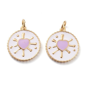 Real 18K Gold Plated Brass Enamel Pendants, Long-Lasting Plated, With Jump Rings, Flat Round with Heart, Lilac, 18x16x1.5mm, Hole: 3mm, Jump Ring: 5x1mm