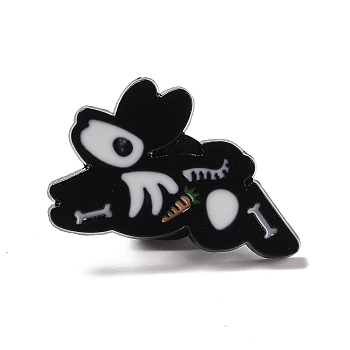 Rabbit Skeleton Enamel Pin, Halloween Animal Alloy Badge for Backpack Clothing, Electrophoresis Black, White, 16x25x2mm, Pin: 1mm
