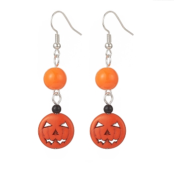 Halloween Pumpkin Jack-O'-Lantern Synthetic Turquoise Dangle Earring, Acrylic Bead Earring for Women, Orange Red, 56mm