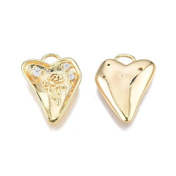 Brass Pave Clear Cubic Zirconia Charms, Nickel Free, Heart with Rose, Real 18K Gold Plated, 15x12x2mm, Hole: 1.6mm