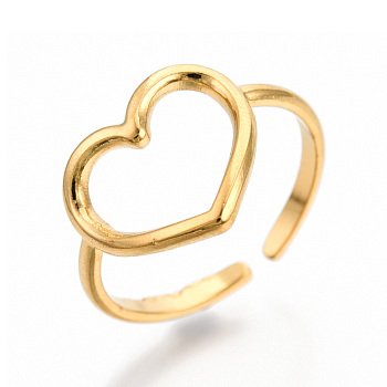 Ion Plating(IP) 304 Stainless Steel Hollow Heart Cuff Rings, Open Rings for Women Girls, Real 18K Gold Plated, US Size 7(17.5mm)